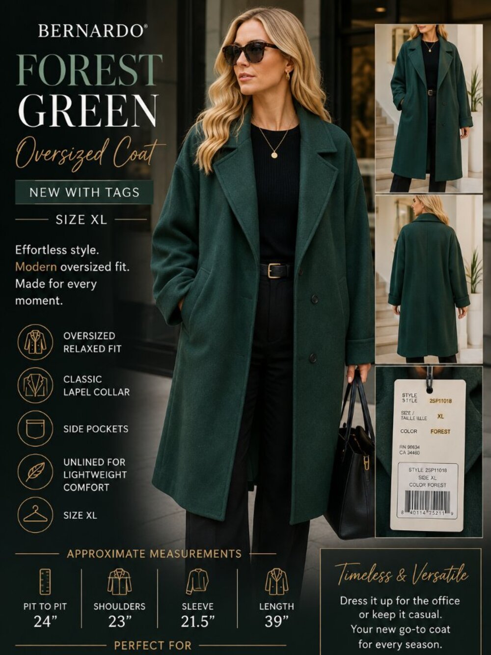 Bernardo Forest Green Oversized Coat Women’s XL NWT Business Chic